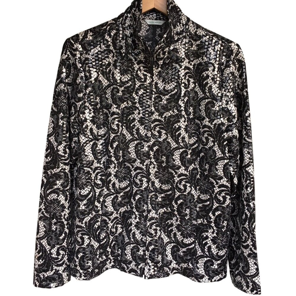 Laura Ashley Jacket Women Sz L Full Zip Black White Paisley Shiny Boxy Collar - Picture 12 of 12